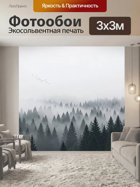 Фотообои Туманный хвойный лес с птицами
