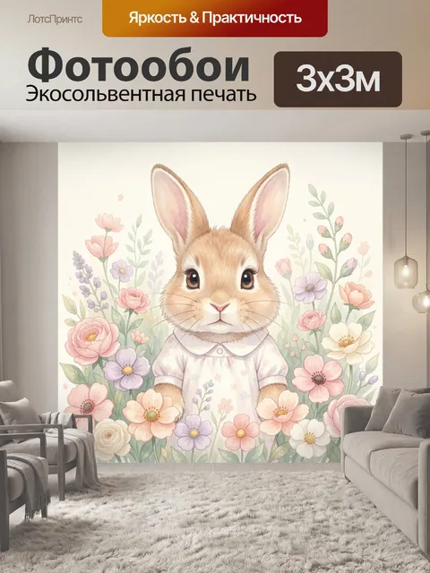 Фотообои Зайчонок среди весенних цветов