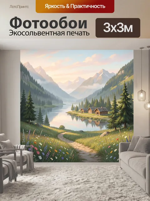Фотообои Горная долина с озером и домиками