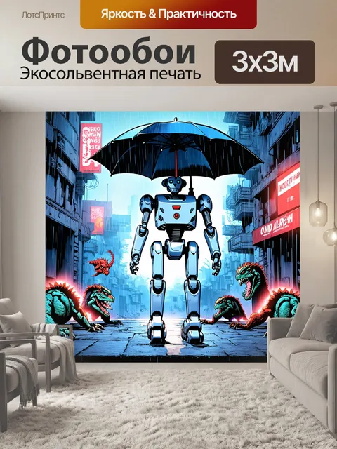 Фотообои дождь в стиле комикс, робот с зонтом, исследует постапокалиптический город, странные создания вокруг