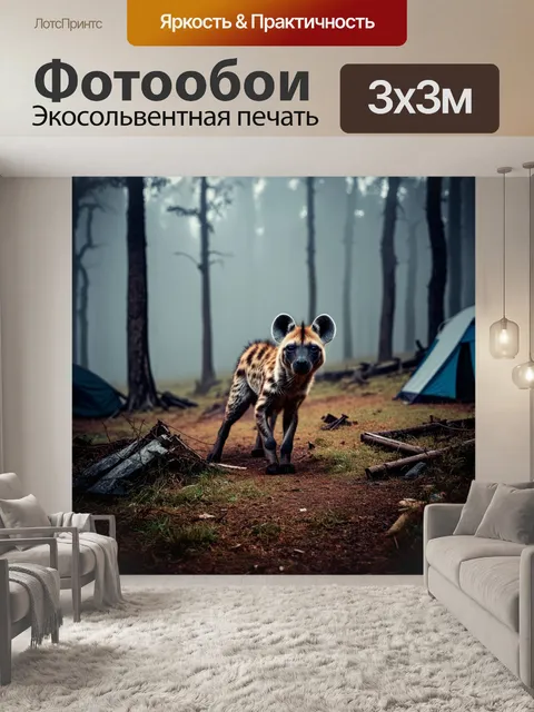 Фотообои гиена, исследующая заброшенный лагерь в лесу во время туманного утра