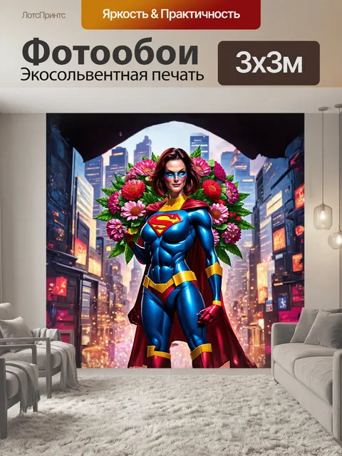 Фотообои **костюм супергероя с интригующим букетом цветов на фоне праздничного города в стиле киберпанк