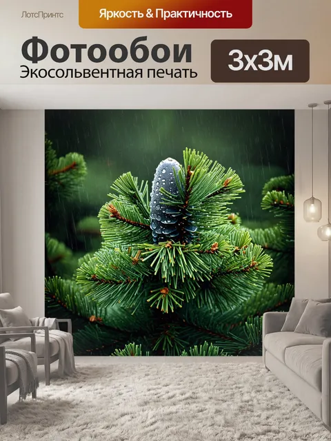 Фотообои густой сосновый лес после дождя, где иглы сверкают на солнце, а шишка блестит каплями влаги