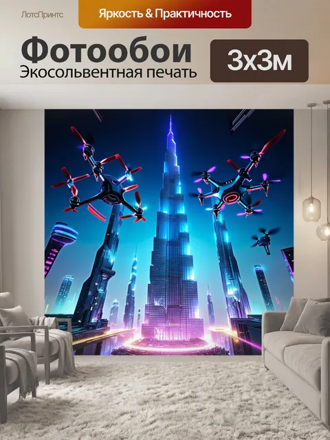 Фотообои футуристический взгляд на бурдж халифа в окружении летящих дронов и светящихся вышек