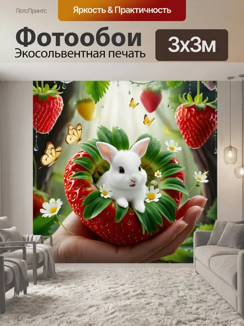 Фотообои микрокролик в большой клубнике
