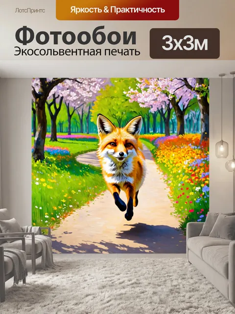 Фотообои умный лис, занимающийся бегом по тропинке парка, его уши развеваются на ветру, а вокруг цвестут красочные…