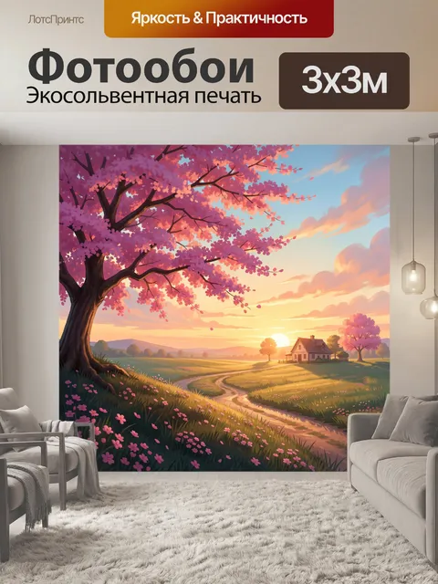 Фотообои Цветущая весенняя деревня на закате