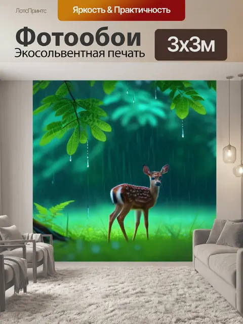 Фотообои дождливый лес и оленёнок, укрывающийся под деревом