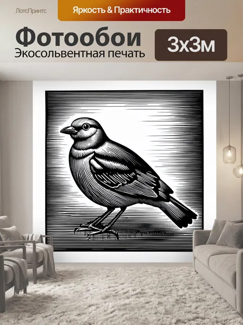 Фотообои минималистское изображение птицы в сочетании черного и белого, акцент на формы и линии в технике линогравюры