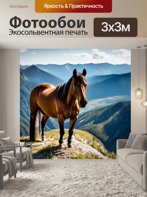 Фотообои лошадь, стоящая на вершине горы, с видом на обширную долину