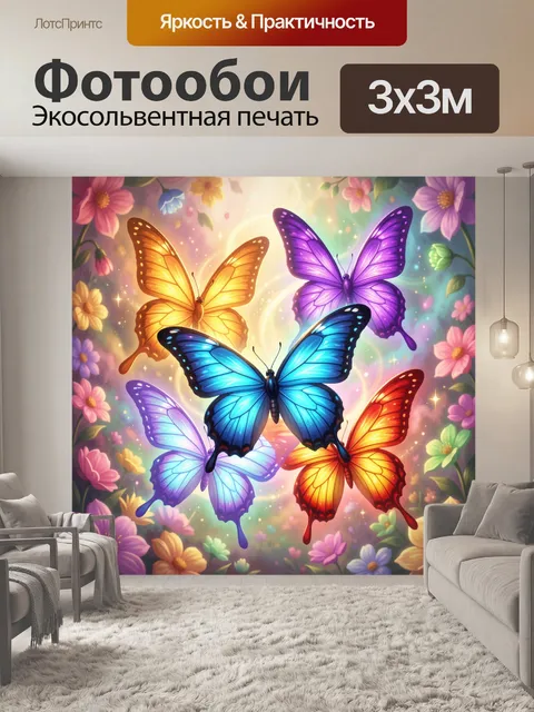 Фотообои Яркие бабочки среди цветов