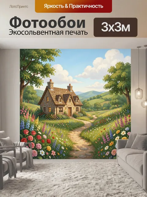 Фотообои Каменный дом в цветущем саду