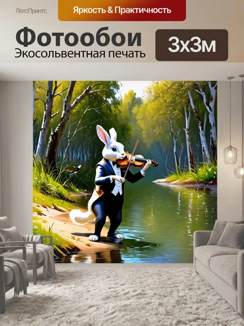 Фотообои на берегу у спокойного озера, окруженного густым лесом, белый кролик в смокинге играет на скрипке
