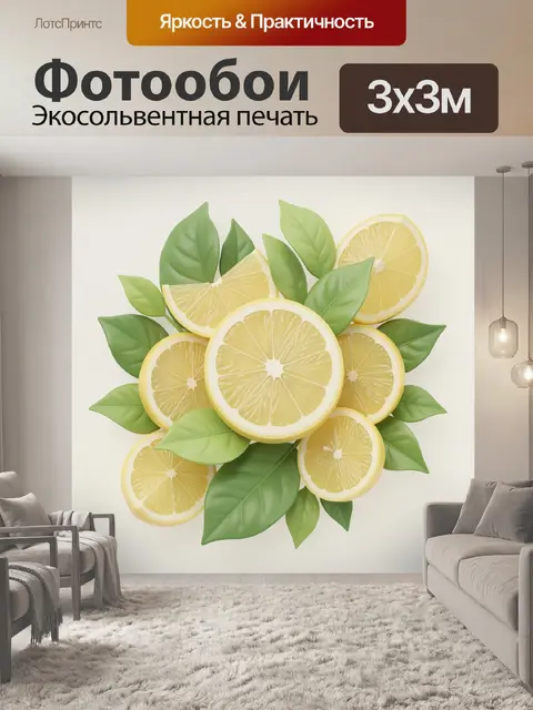 Фотообои Свежие лимоны с зелёными листьями