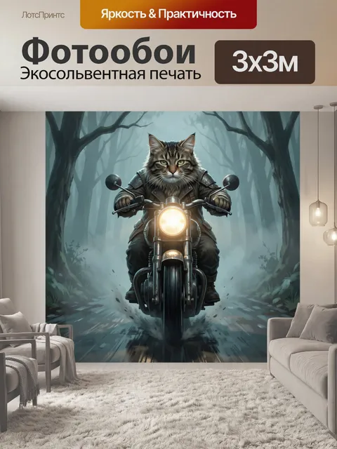 Фотообои Кот-байкер в туманном лесу