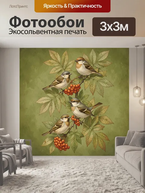 Фотообои Четыре птицы на ветвях рябины
