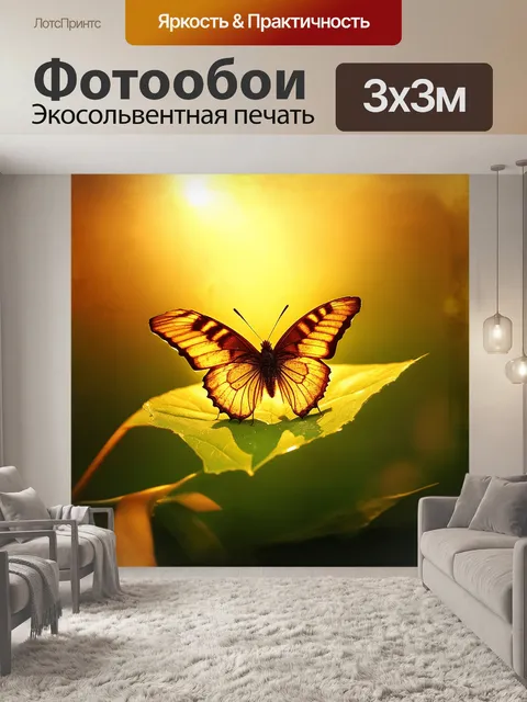 Фотообои бабочка с тонкими крыльями в форме бабочки на зеленом листе