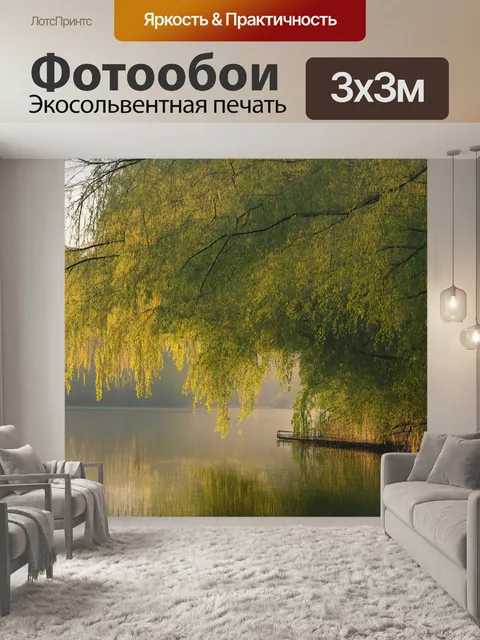 Фотообои туманное утро, ивы, поклонившиеся над тихим озером,единичные лучи солнца