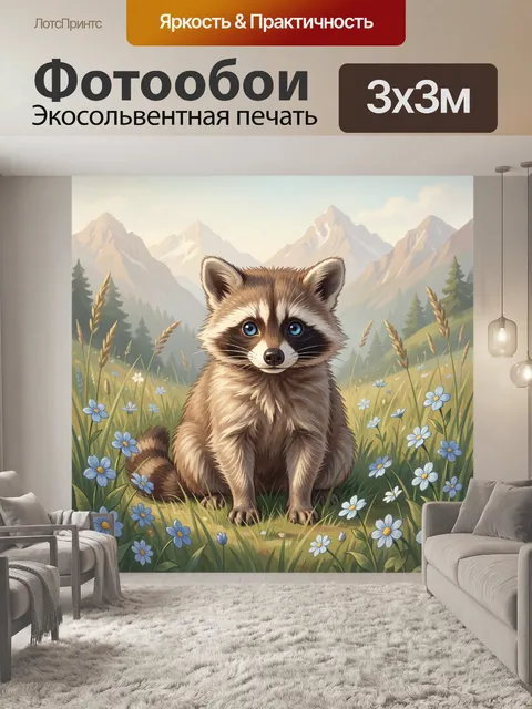 Фотообои Енот среди горных цветов