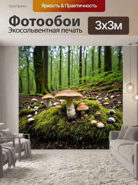 Фотообои лесной грибник, окружённый национальным парком, вдалеке виднеются зелёные деревья и кустарники, на мягком…