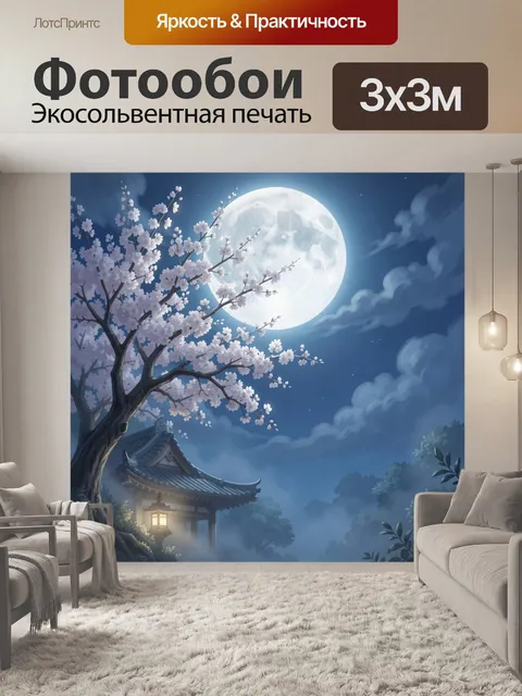 Фотообои Лунная ночь с цветущей сакурой