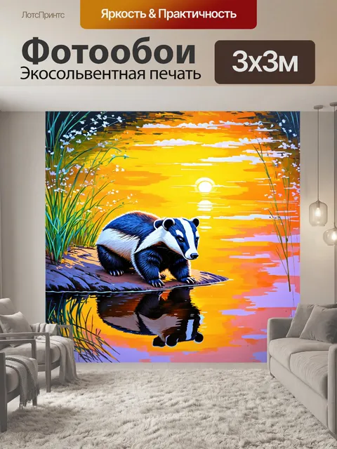 Фотообои барсук на берегу пруда во время заката, с отражением яркого неба на воде
