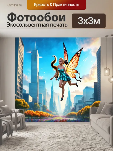 Фотообои животные в стиле футуризм, с изображением фейри с хвостами животных, летящих над утренним городом