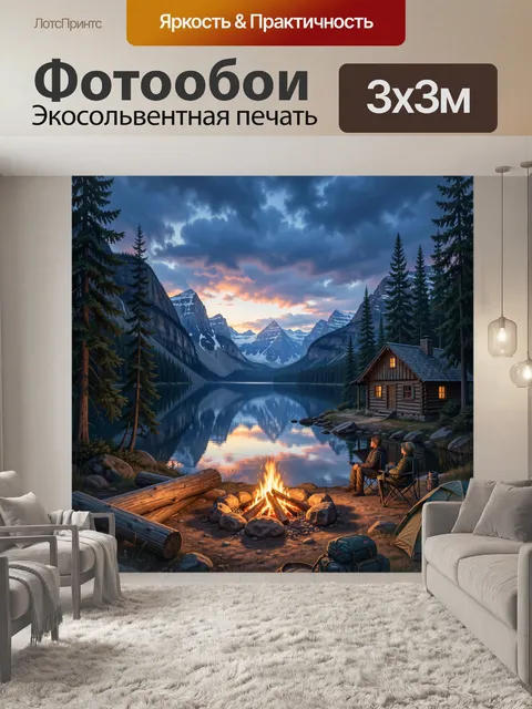 Фотообои Костёр у горного озера