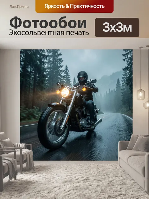 Фотообои Мотоциклист на лесной трассе