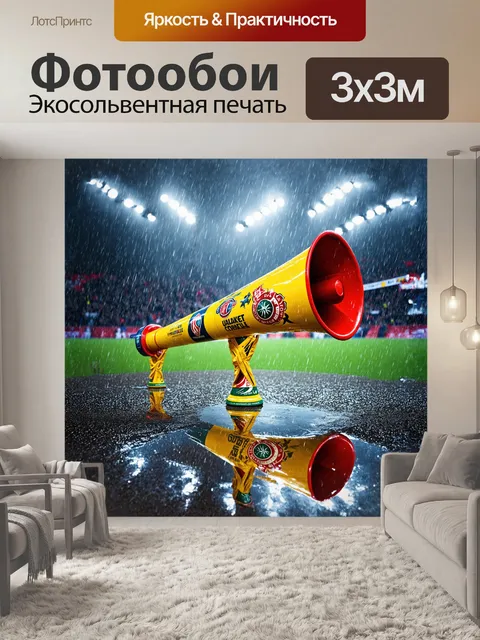 Фотообои огромная вувузела, разукрашенная яркими символами команд, заполняет кадр, а на заднем плане виден кубок…