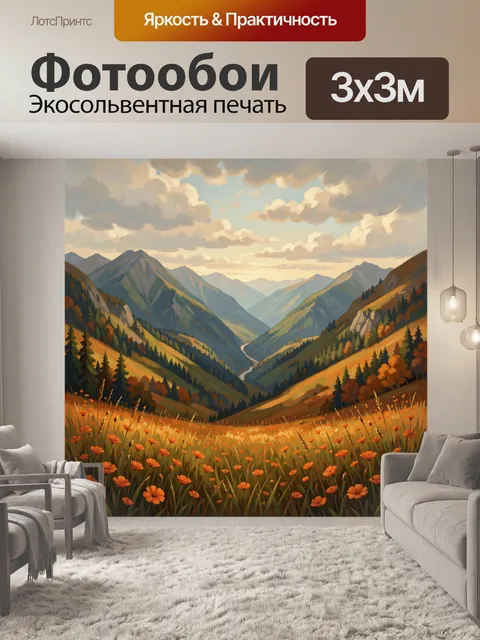 Фотообои Горная долина с цветущим полем