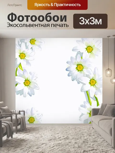 Фотообои изобразите крупным планом белый фон, на котором аккуратно рассыпаны белые цветы, такие как лилии или ромашки