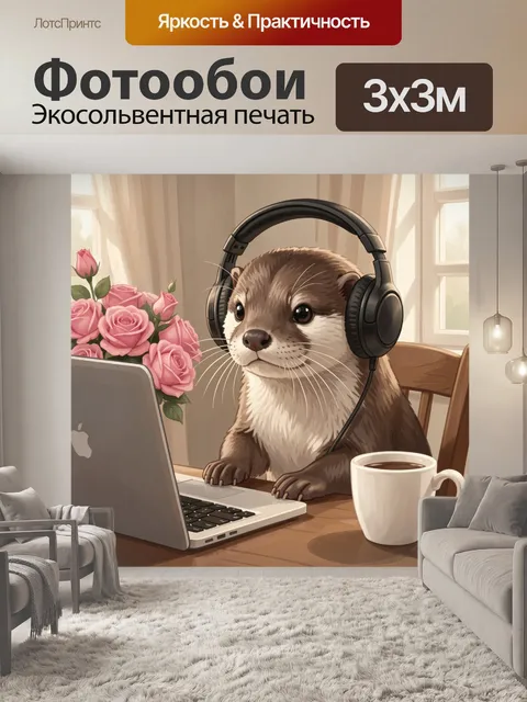 Фотообои Выдра в наушниках за ноутбуком