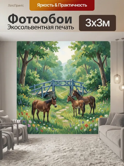 Фотообои Лошади у деревянной ограды в лесу