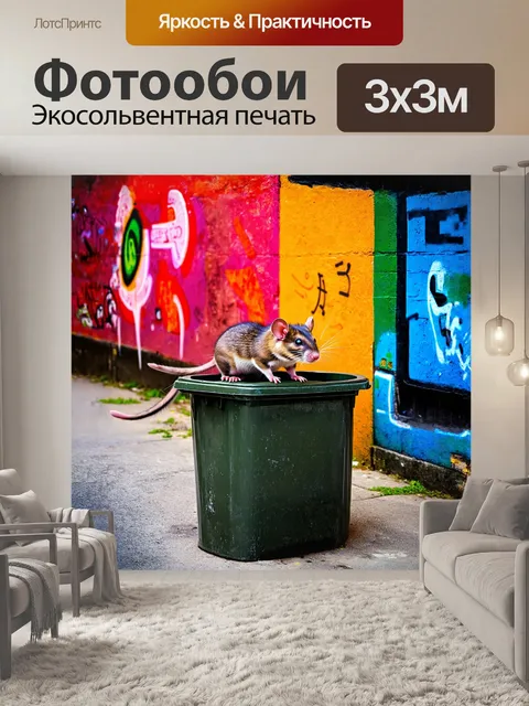 Фотообои одинокая крыса, сидящая на мусорном ведре, окруженная яркими граффити на стенах, выполненная в технике…
