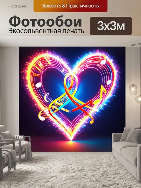 Фотообои неразлучные ноты, сплетающиеся в форме сердца, окруженные яркими цветами и светами