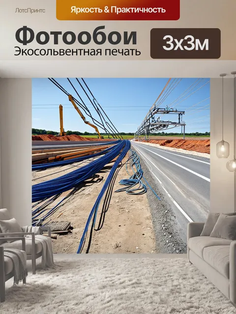 Фотообои каждый день на стройке: электрификационная установка устанавливает провода вдоль новой магистрали