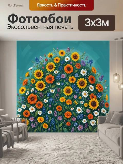 Фотообои Луг с яркими подсолнухами и полевыми цветами
