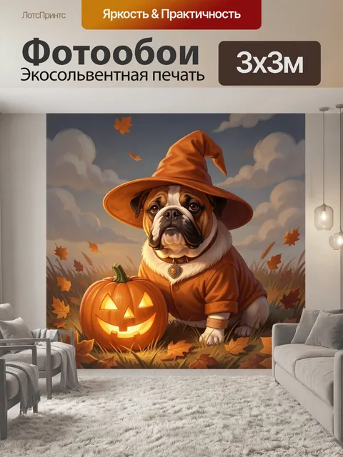 Фотообои Бульдог в шляпе с тыквой