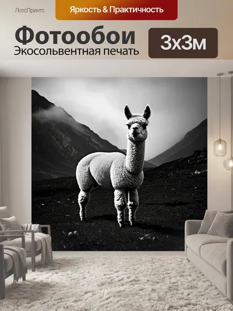 Фотообои животные в стиле нуар, альпака, стоящая на фоне андских гор, запечатленная в тени облаков и тумана