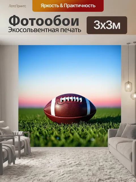 Фотообои футбольный мяч, покоящийся на лужайке, утопая в росе, с градиентным небом на заднем плане, изменяющимся от…