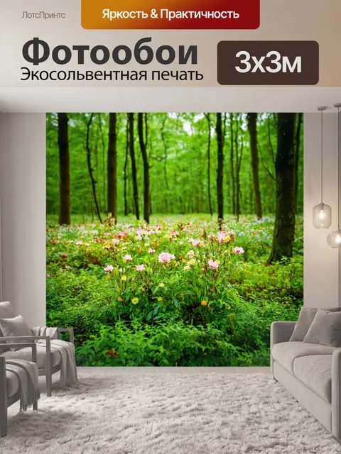 Фотообои лес с свежими цветами, распускающимися после дождя