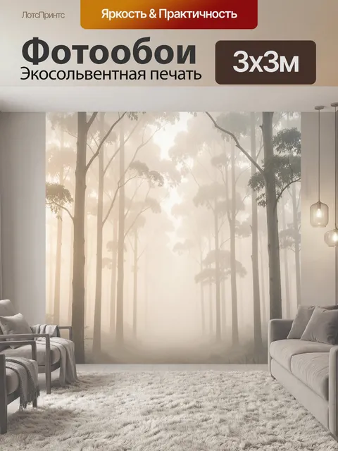 Фотообои Туманный лес с высокими деревьями