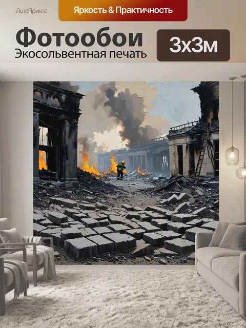 Фотообои земля покрыта пеплом от сгоревшего здания, а оттенки серого и черного делают сцену мрачной