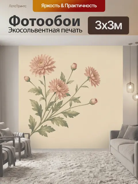 Фотообои Нежные хризантемы на светлом фоне