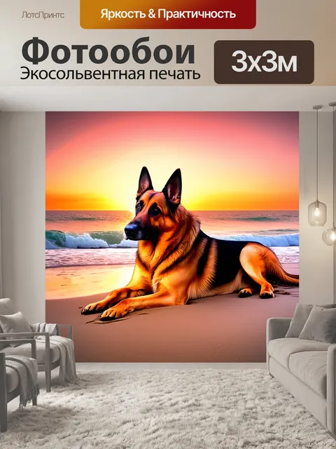 Фотообои сцена с немецкой овчаркой, лежащей на пляже, на фоне океанских волн и заката