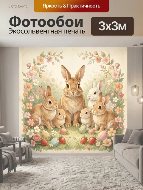 Фотообои Пасхальные зайцы среди цветов
