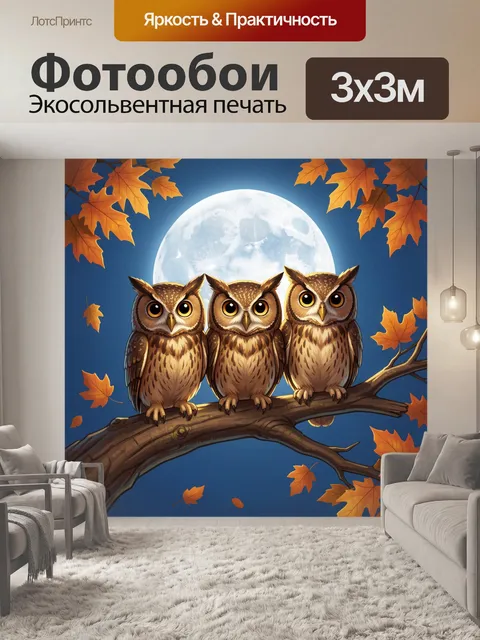 Фотообои Три совы на ветке ночью