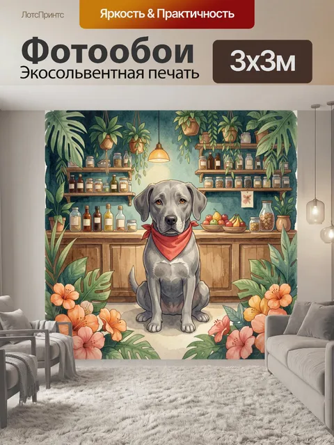 Фотообои Серая собака в тропическом интерьере