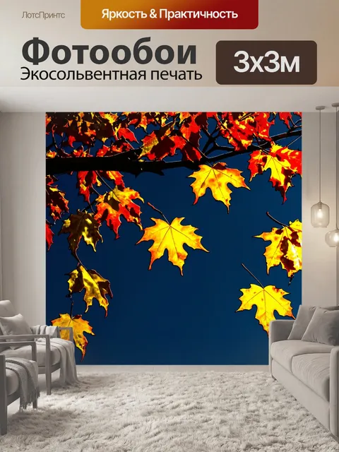 Фотообои золотые и красные листья на фоне темно-синего неба, придавая контрастность и драматизм